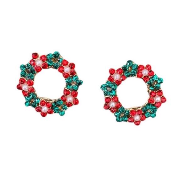 Jewelry - Christmas Wreath Rhinestone Stud Earrings